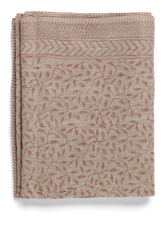 Dug hør, bladprint i rosa og beige