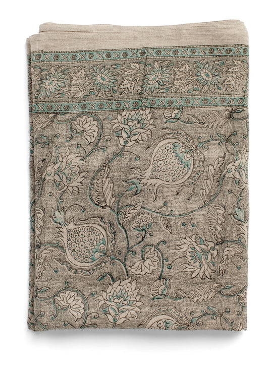 Dug i granatæble print i gråt hør med mint grøn