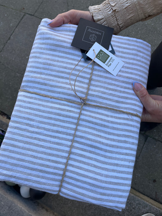 Dug hør - stribet beige/hvid